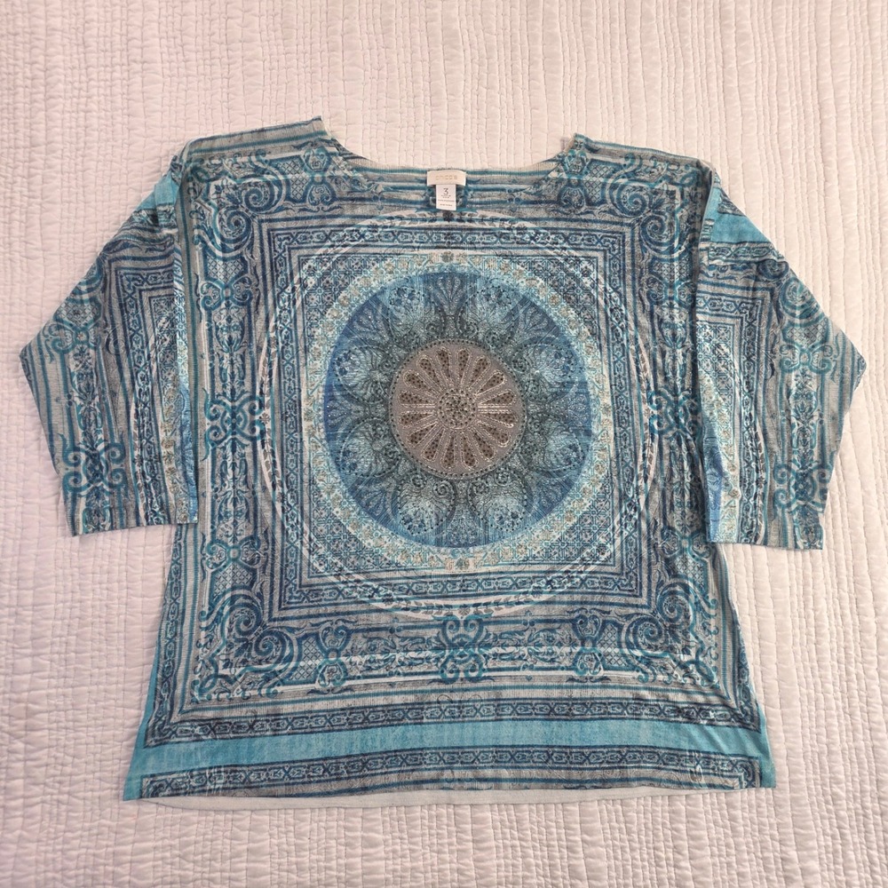 Chico's Blue Medallion Rhinestone Embellished Boat Neck Blouse Top Size 3 EUC 80